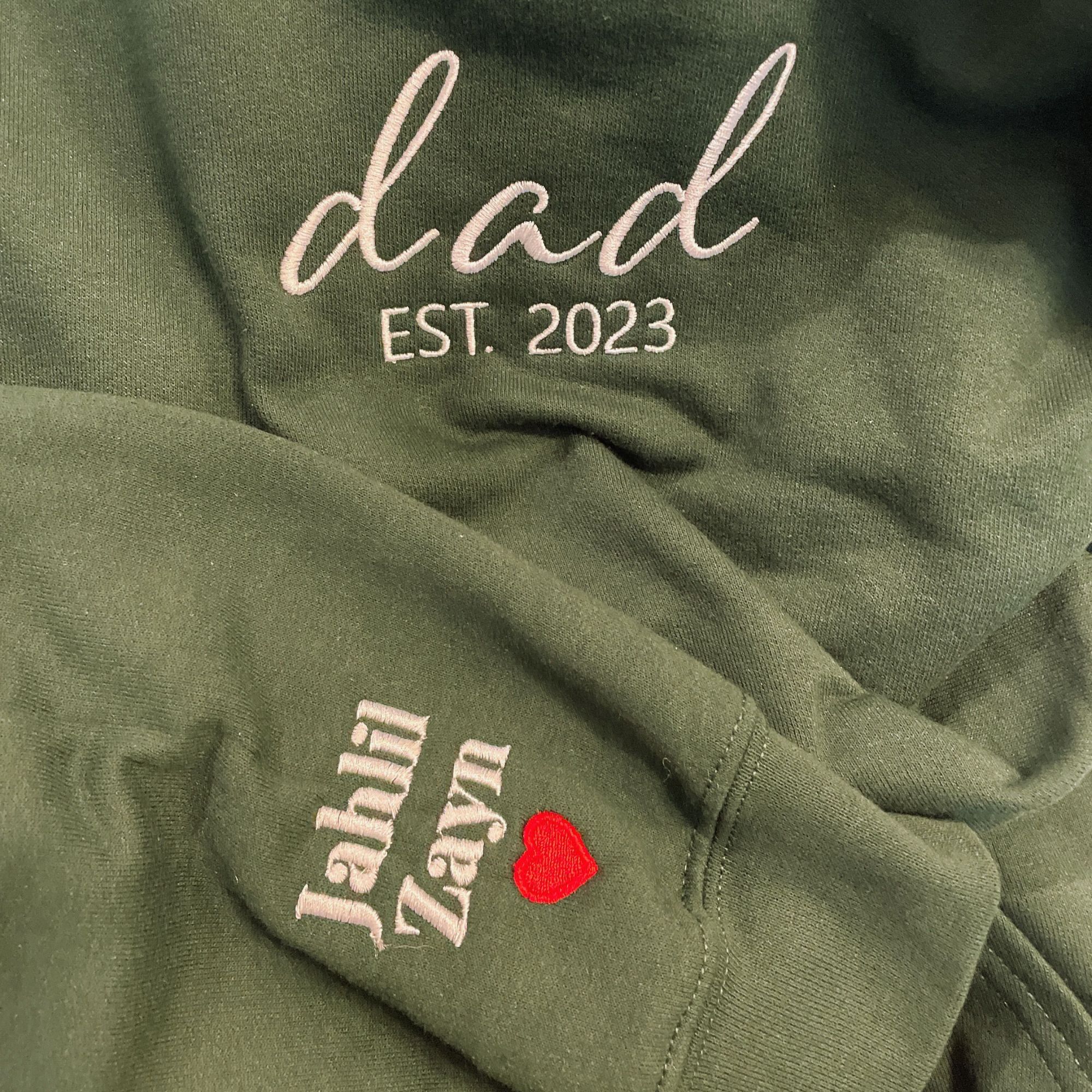 Dad Est Sweatshirt or Hoodie, Embroidered Gift for Dad with Kids Name on Sleeve