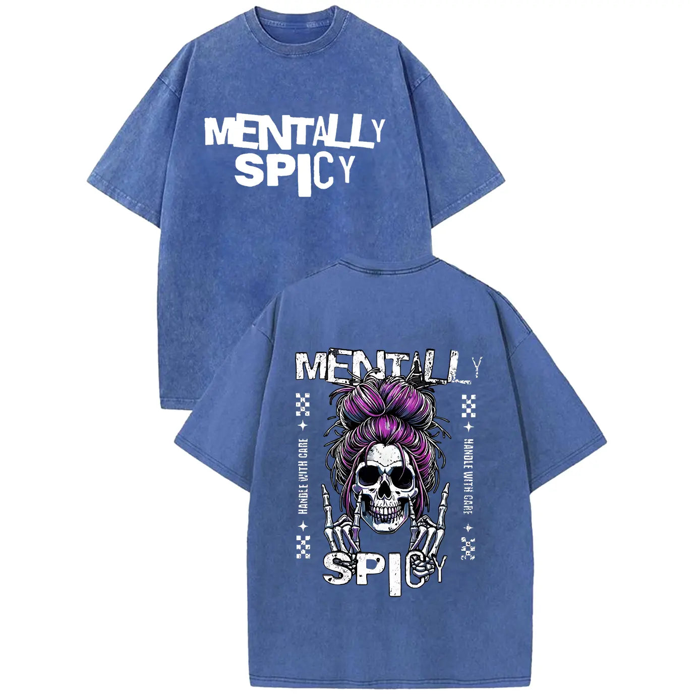 Mentally Spicy Distressed Washed T-Shirt, Grunge Skull Graphic Tee, Punk Rock Aesthetic, Casual Edgy Sarcastic Shirt