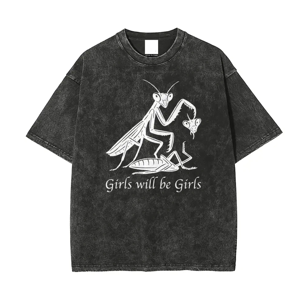 Y2K Retro Praying Mantis Print Purple Acid Wash T-Shirt - Edgy Street Style Oversized Tee