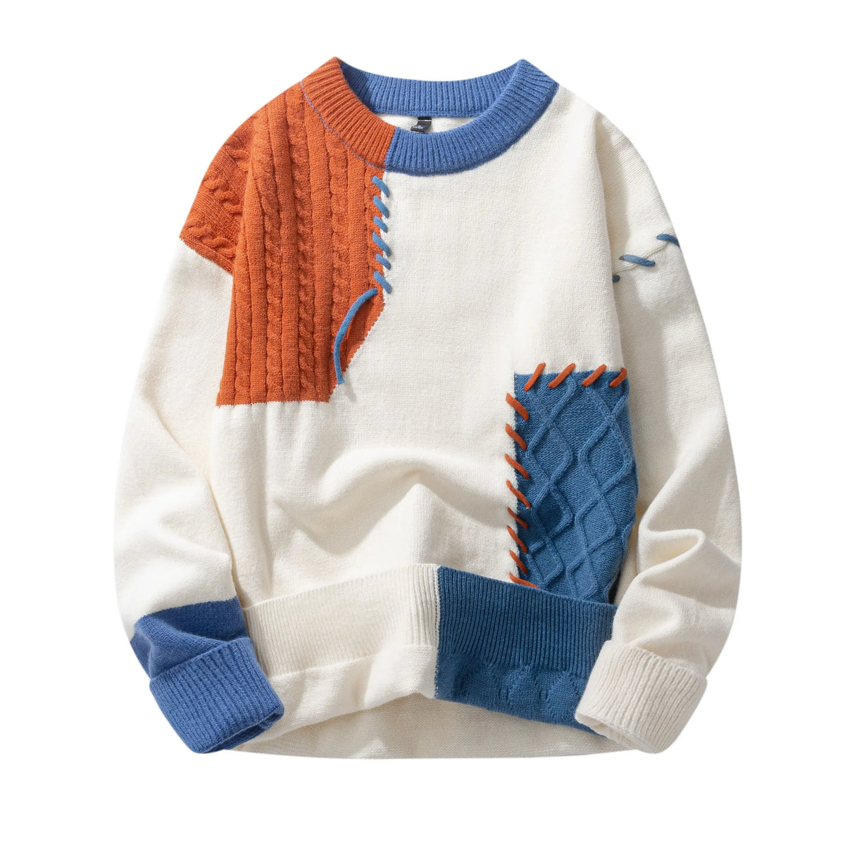 Mixed Texture Patchwork Cable Knit Sweater