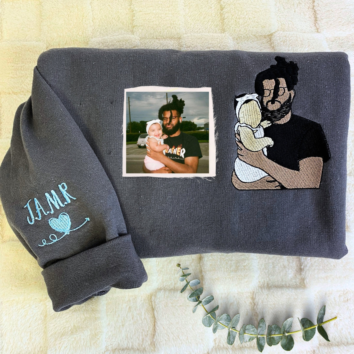 Personalized Gifts for Mom and Dad with Embroidered Photo Portrait, Kids Names on Sleeve