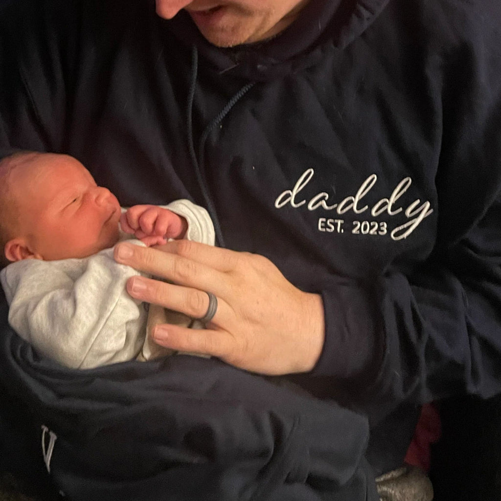Dad Est Sweatshirt or Hoodie, Embroidered Gift for Dad with Kids Name on Sleeve