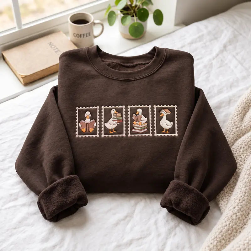 Reading Ducks Stamp Embroidered Sweatshirt Hoodie Tee