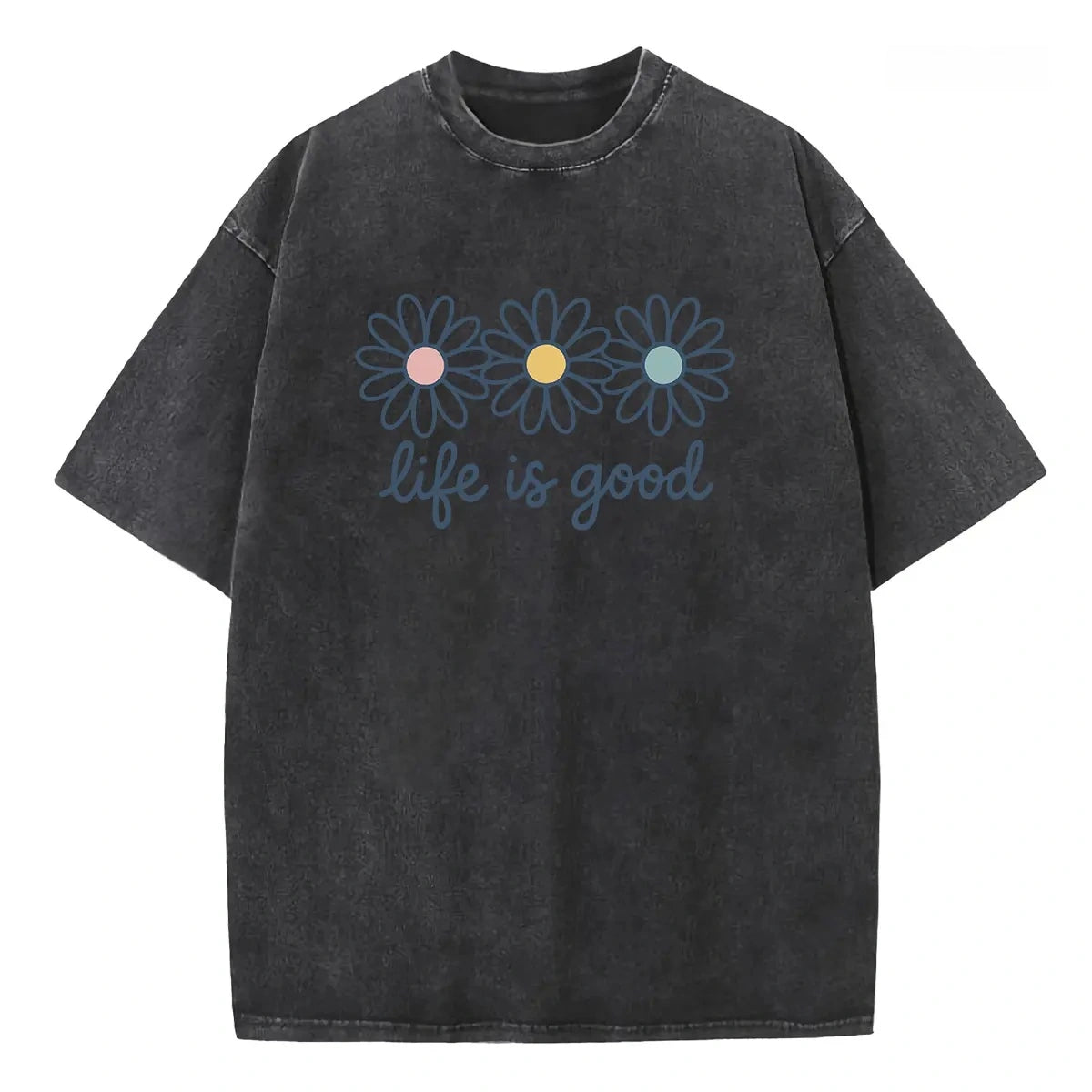 TOOAI Life is Good Washed Black T-Shirt | Retro Daisy Graphic Oversized Tee