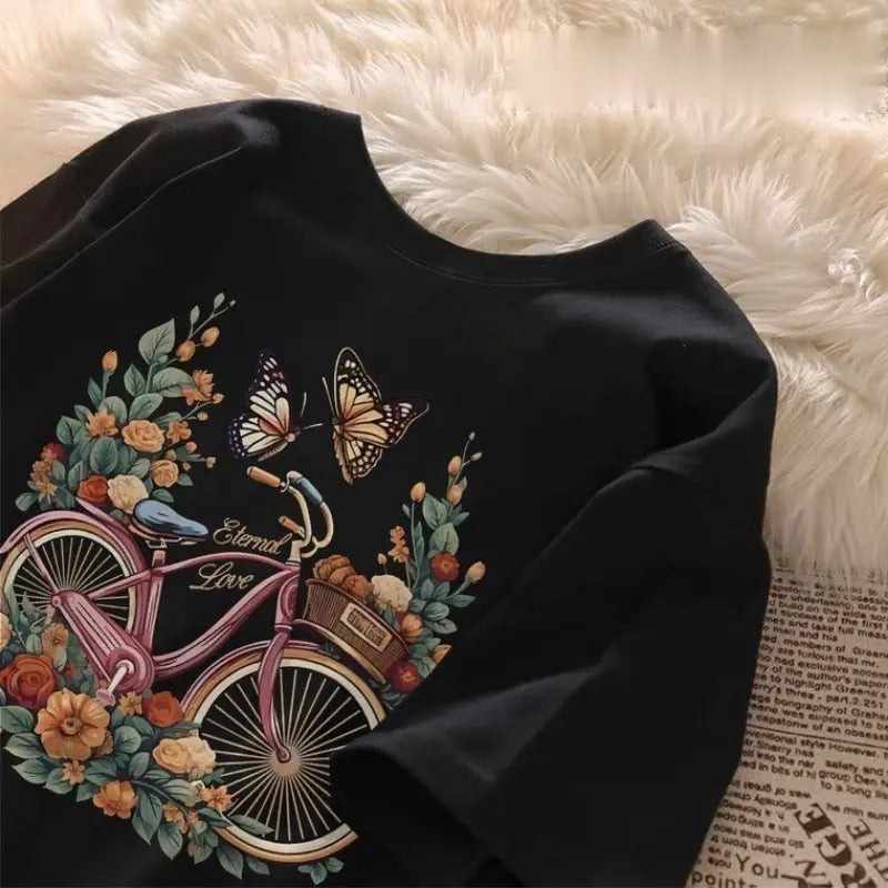 Eternal Love Floral Bicycle Butterfly Graphic Sweatshirt & Hoodie | Vintage Cottagecore T-Shirt