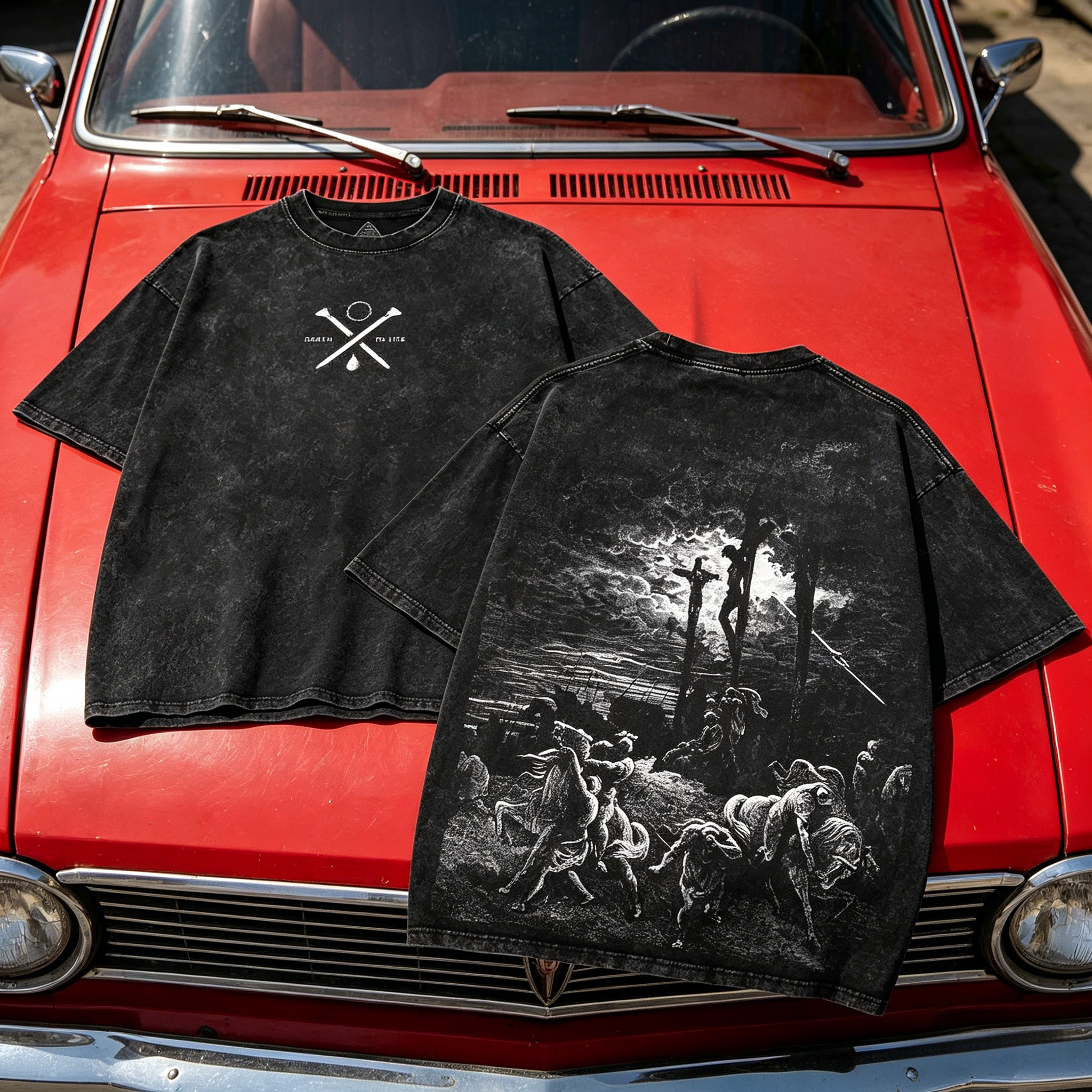 Death To Life Vintage Washed Black T-Shirt | Gustave Doré Crucifixion Art Print Oversized Streetwear Tee