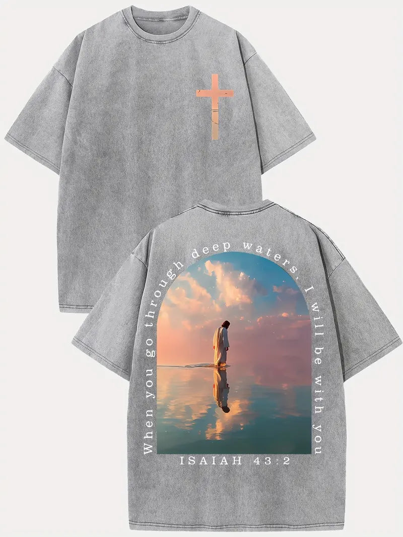 Jesus Walks on Water Isaiah 43:2 Christian T-Shirt | Direct-to-Garment Print, Washed Black Oversized Tee