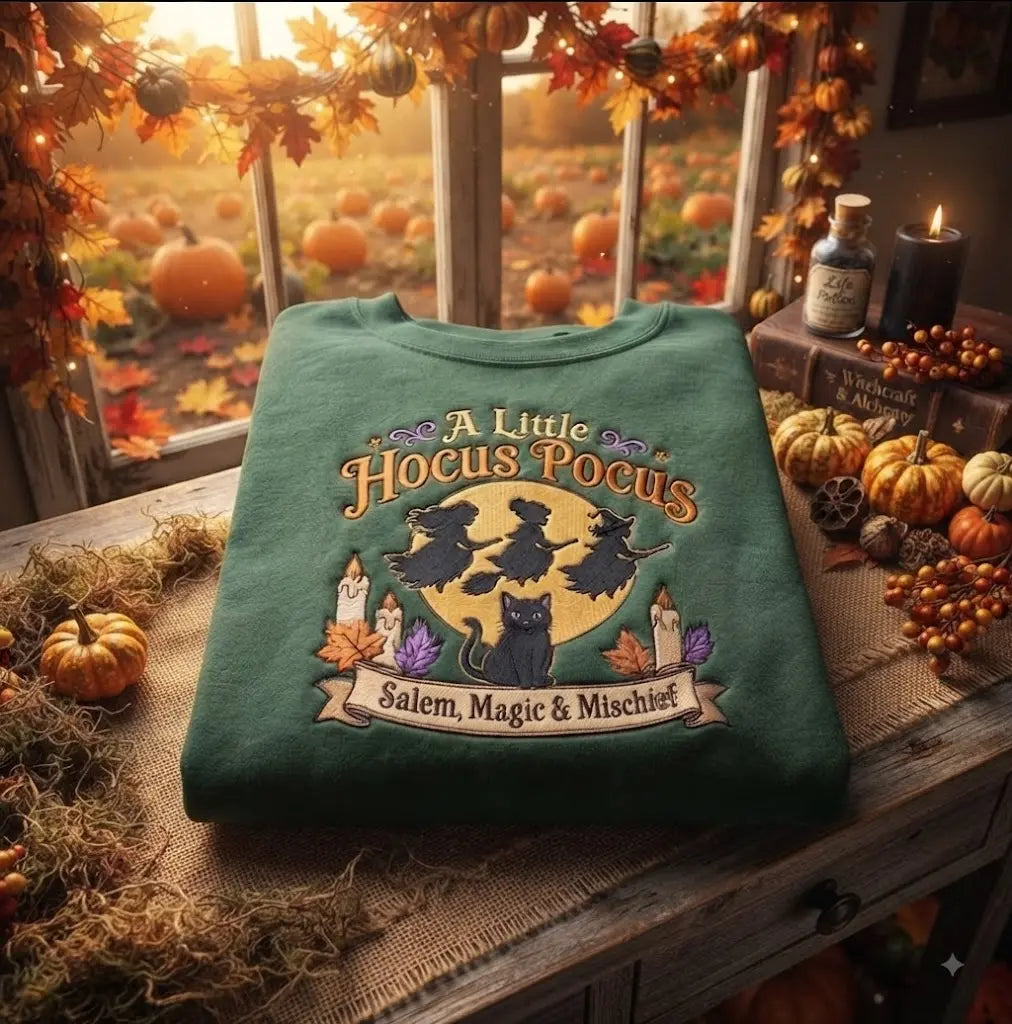 A Little Hocus Pocus Salem Magic & Mischief Embroidered Sweatshirt, Witch Black Cat Fall Halloween Crewneck