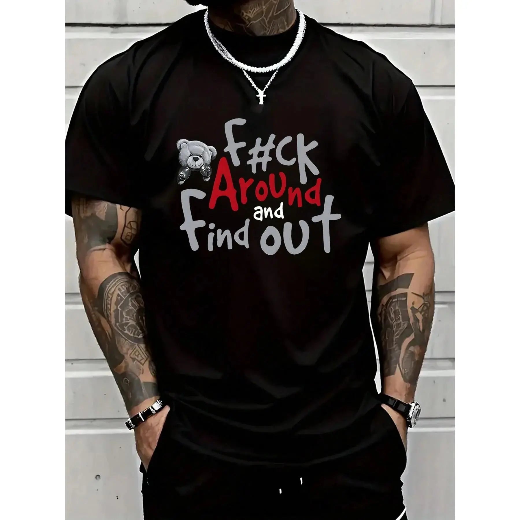 Trendy Bear Graphic Men’s Casual Black T-Shirt Sweatshirt Hoodie