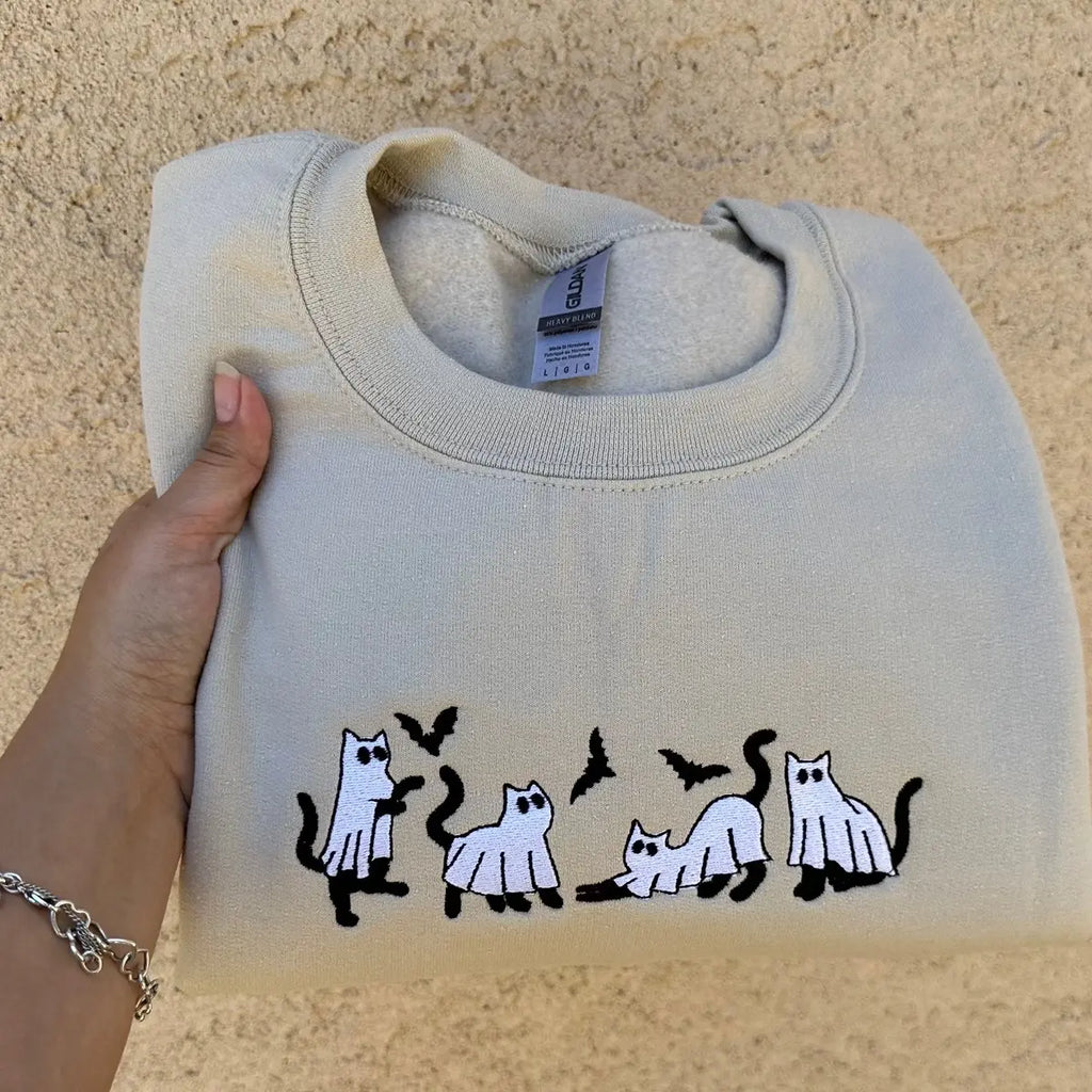 👻 Ghost Cat Embroidered Halloween Tee/Crewneck/Hoodie