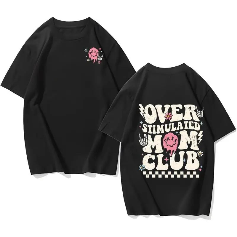 Over Stimulated Mom Club Retro T-Shirt, Funny Mama Graphic Tee, Vintage-Washed Oversized Mom Shirt