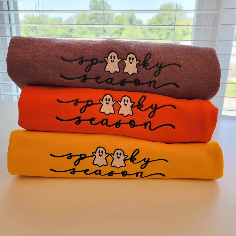 Spooky Season Cute Ghost Embroidered Crewneck Sweatshirt Hoodie T-shirt