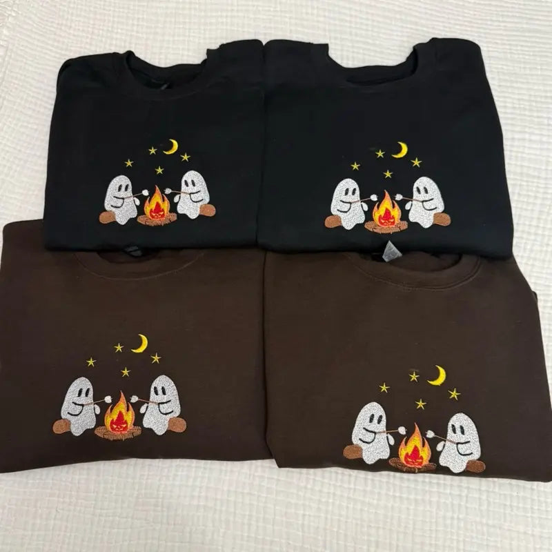 Campfire Ghost Roasting Marshmallow Embroidered Halloween Tee/Crewneck/Hoodie