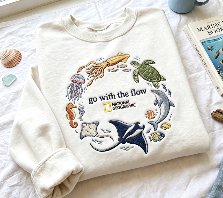 Go With The Flow Marine Life Embroidered Sweatshirt, Sea Turtle Dolphin Jellyfish Ocean Animal Crewneck