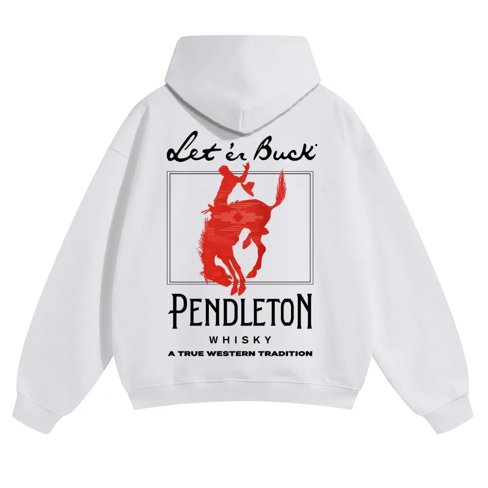 Let ‘er Buck Pendleton Whisky Western Hoodie tee, Vintage Cowboy Bucking Horse Graphic Navy Unisex Hooded Sweatshirt