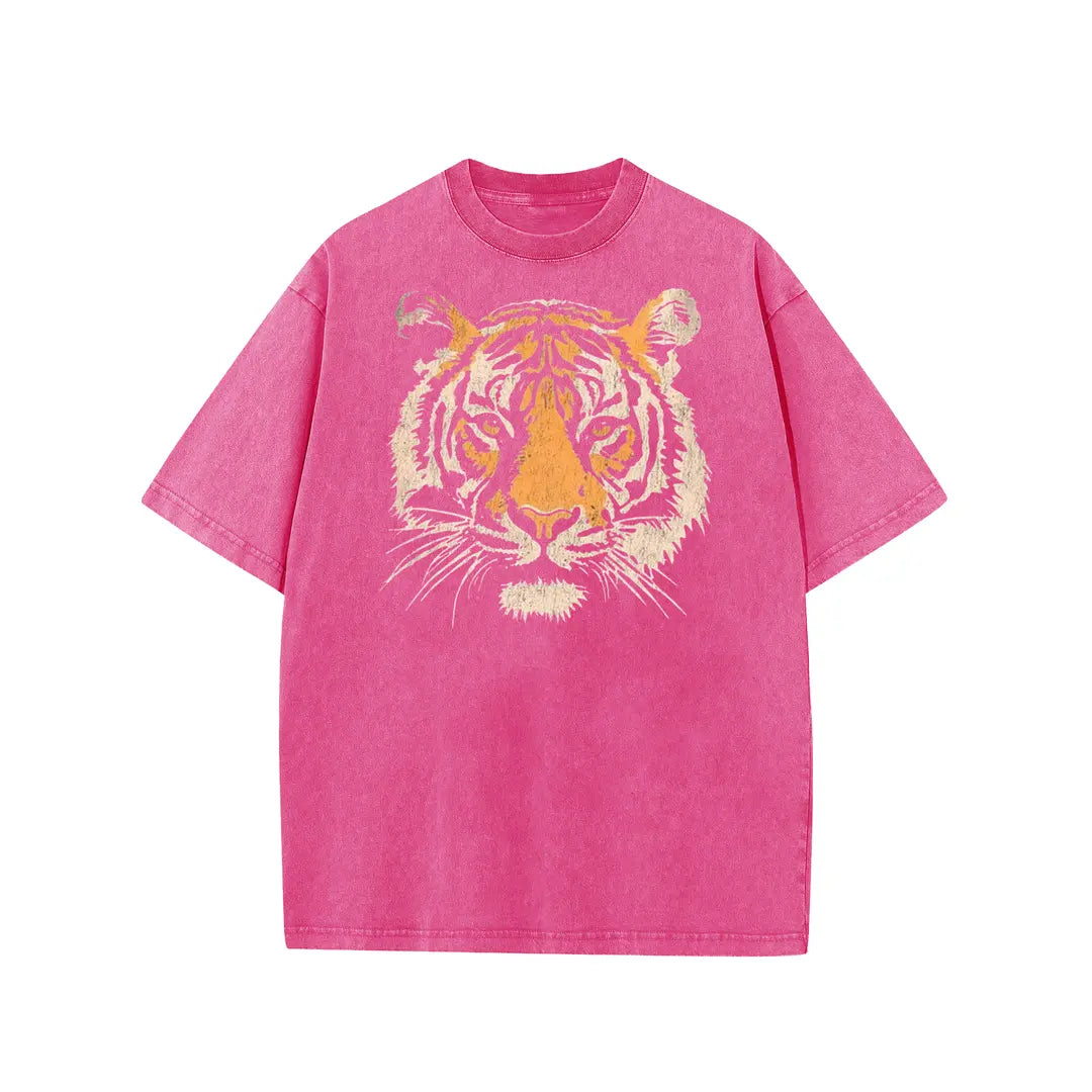 Vintage Tiger Head Graphic Washed T‑Shirt