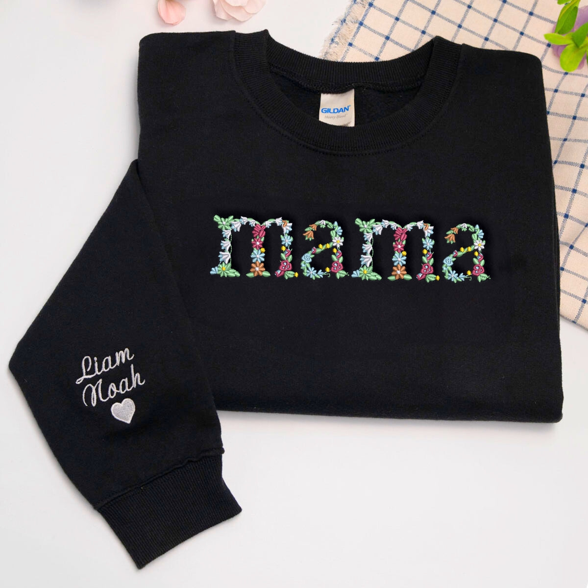 Mama Floral Hoodie or Sweatshirt with Custom Embroidered Kids Name On Sleeve