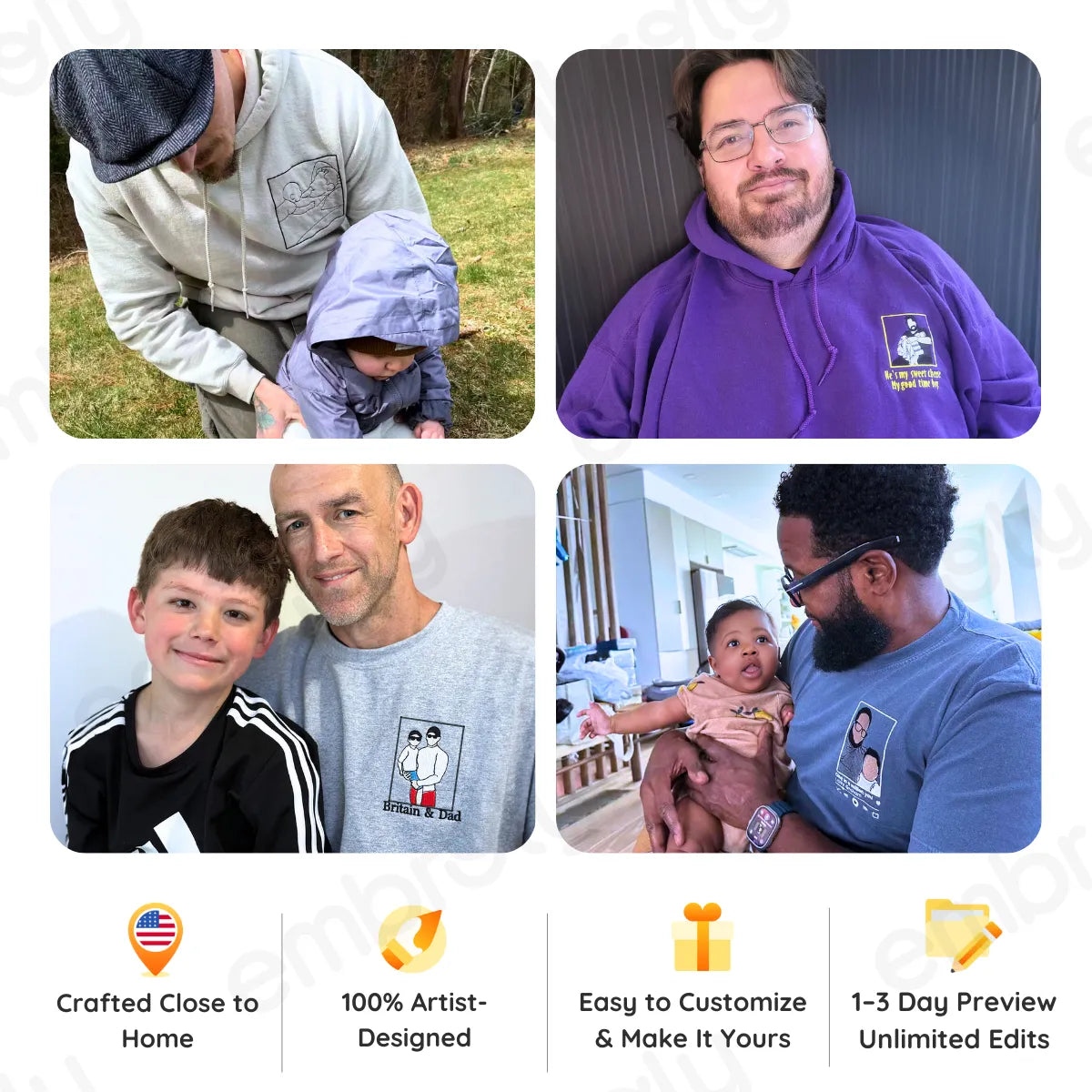 Dad and Son T-shirt Sweatshirt or Hoodie with Embroidered Photo Portrait, Gift for Father's Day, New Dad Birthday