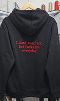 Unisex Heather Grey Embroidered Hoodie - Life Hits Different Everyday Red Stitch Back Design