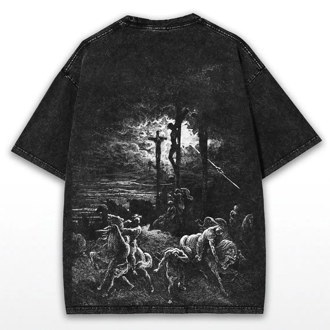 Death To Life Vintage Washed Black T-Shirt | Gustave Doré Crucifixion Art Print Oversized Streetwear Tee
