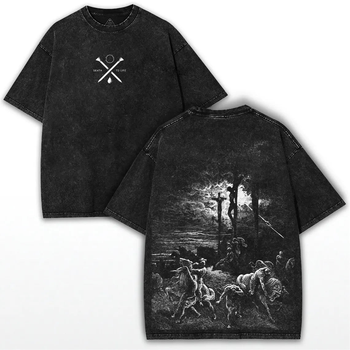 Death To Life Vintage Washed Black T-Shirt | Gustave Doré Crucifixion Art Print Oversized Streetwear Tee