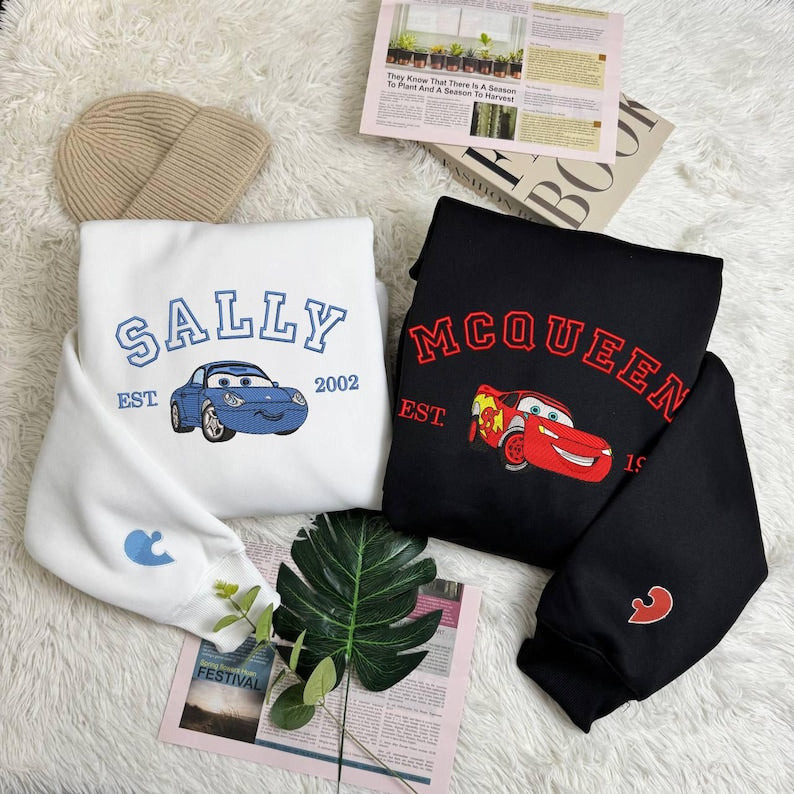 Artoon Cars  Movie Embroidered Sweatshirt, McQueen Sally Mater Trending Crewneck, Cartoon Sweatshirts, Gift For Her