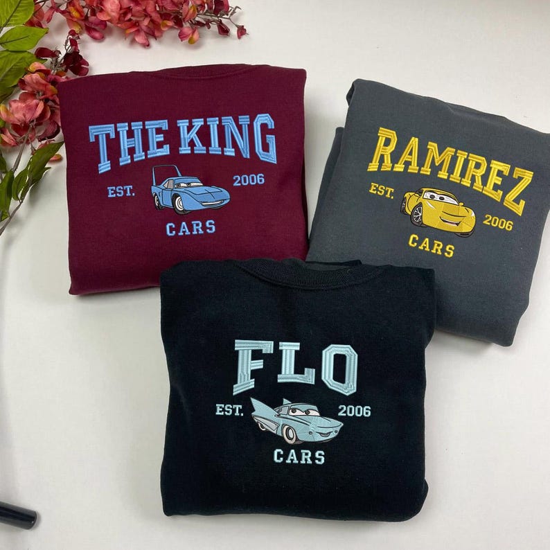 Cars Character Movie Embroidered Sweatshirt, Cartoon Sweatshirts, McQueen Sally Mater Trending Crewneck, Gift For Friends