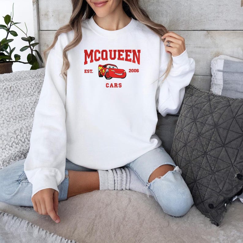 Cars Character Movie Embroidered Sweatshirt, Cartoon Sweatshirts, McQueen Sally Mater Trending Crewneck, Gift For Friends