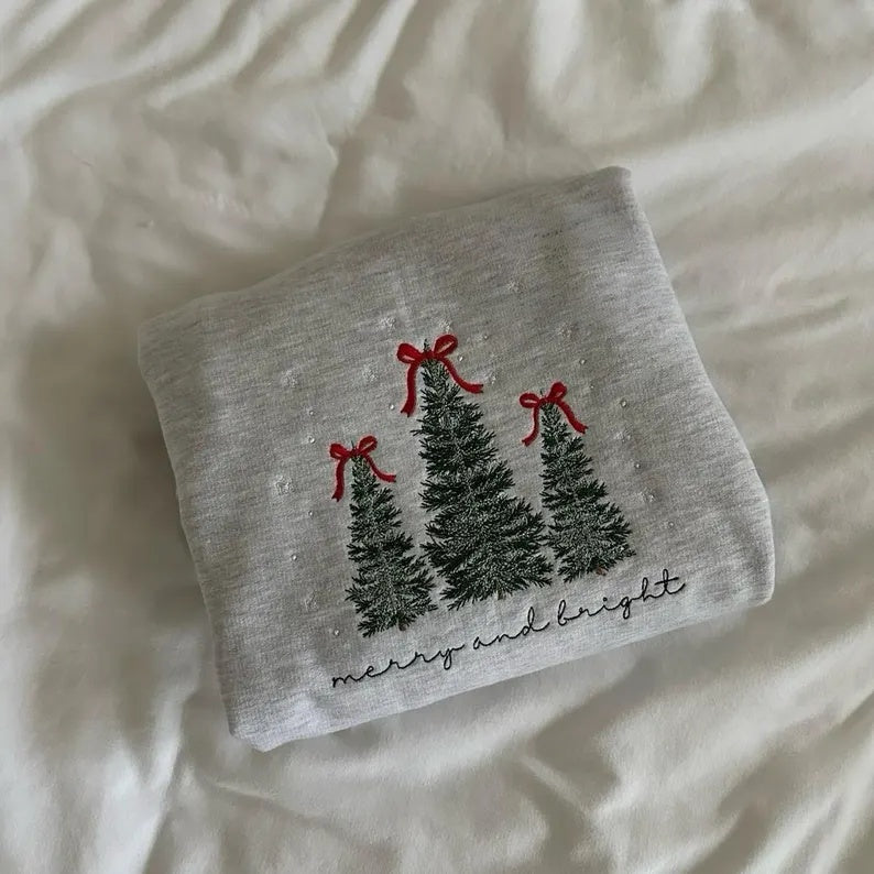 Merry And Bright Embroidered Christmas Tree Sweatshirt | Minimalist Holiday Crewneck | Christmas Embroidered Tee / Hoodie