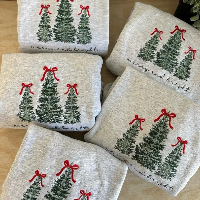Merry And Bright Embroidered Christmas Tree Sweatshirt | Minimalist Holiday Crewneck | Christmas Embroidered Tee / Hoodie