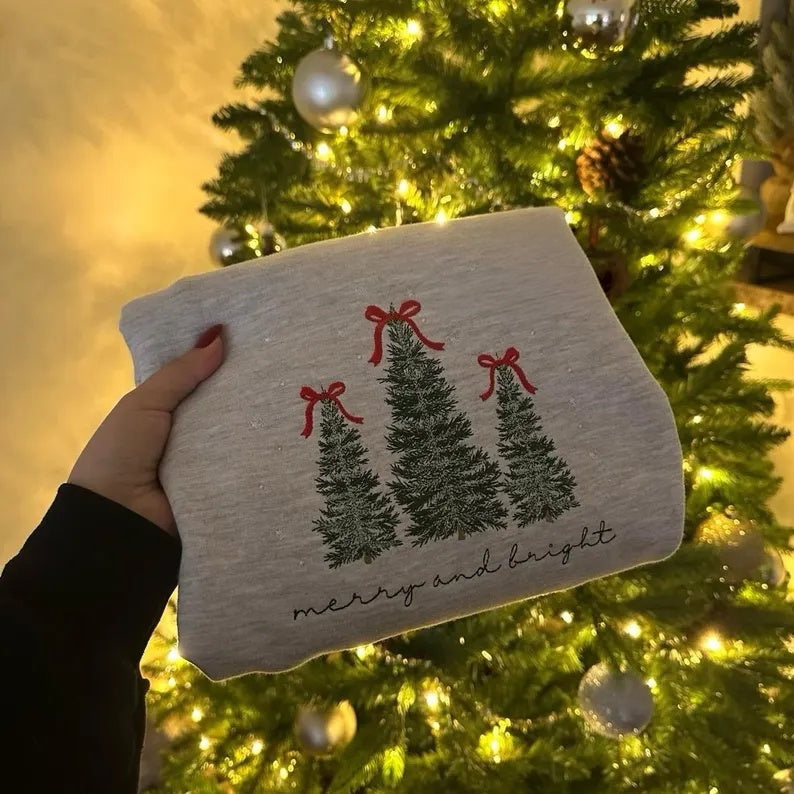 Merry And Bright Embroidered Christmas Tree Sweatshirt | Minimalist Holiday Crewneck | Christmas Embroidered Tee / Hoodie
