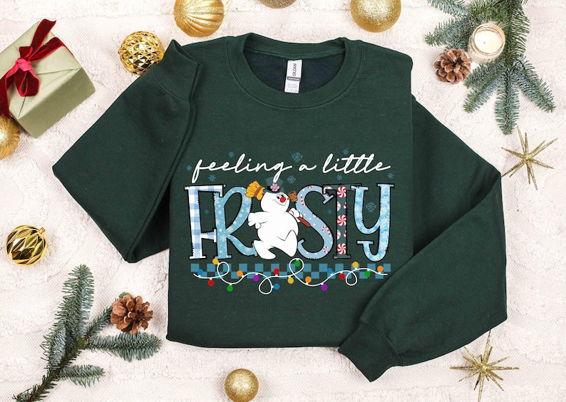 Feeling A Little Frosty Sweatshirt, Frosty The Snowman Christmas Crewneck, Retro Christmas Lights Graphic Pullover, Holiday Winter Gift Sweater