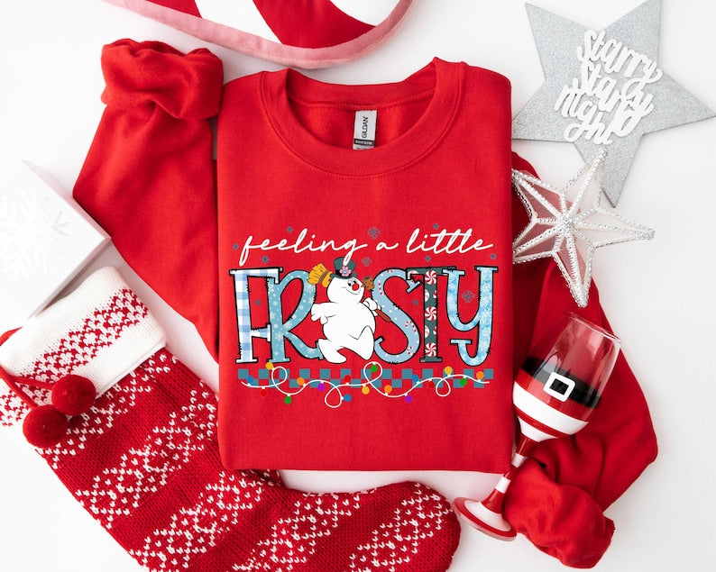 Feeling A Little Frosty Sweatshirt, Frosty The Snowman Christmas Crewneck, Retro Christmas Lights Graphic Pullover, Holiday Winter Gift Sweater