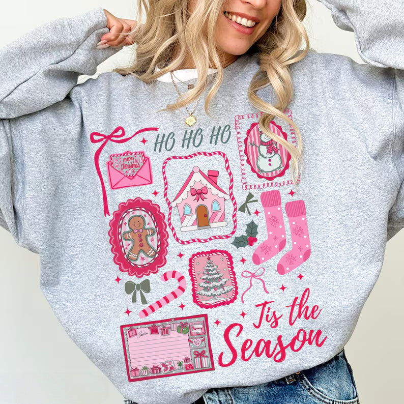 Pink Retro Christmas Collage Sweatshirt | Tis The Season Crewneck | Coquette Pink Holiday Pullover | Gingerbread Snowman Christmas Sweatshirt