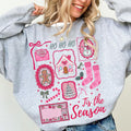 Pink Retro Christmas Collage Sweatshirt | Tis The Season Crewneck | Coquette Pink Holiday Pullover | Gingerbread Snowman Christmas Sweatshirt