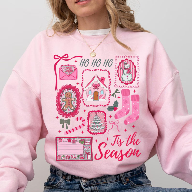 Pink Retro Christmas Collage Sweatshirt | Tis The Season Crewneck | Coquette Pink Holiday Pullover | Gingerbread Snowman Christmas Sweatshirt