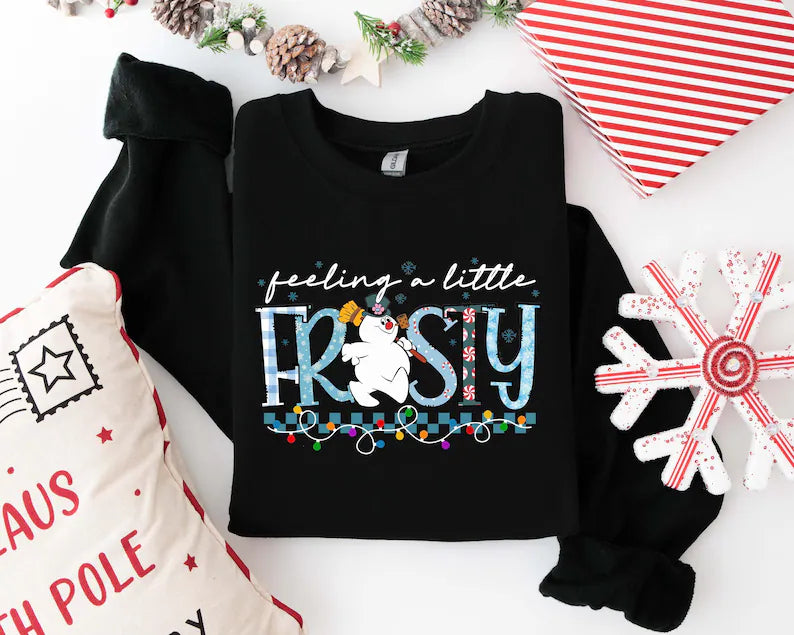 Feeling A Little Frosty Sweatshirt, Frosty The Snowman Christmas Crewneck, Retro Christmas Lights Graphic Pullover, Holiday Winter Gift Sweater
