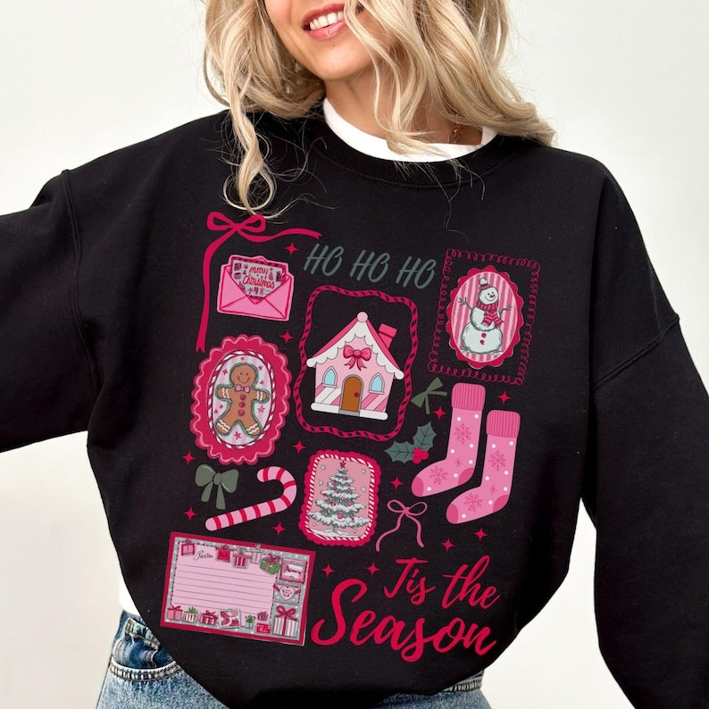 Pink Retro Christmas Collage Sweatshirt | Tis The Season Crewneck | Coquette Pink Holiday Pullover | Gingerbread Snowman Christmas Sweatshirt