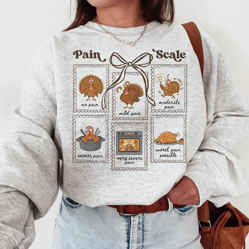 Funny Turkey Pain Scale Thanksgiving T-Shirt | Bow Graphic Tee
