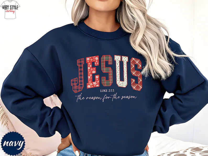 Jesus The Reason For The Season Sweatshirt | Luke 2:11 Christian Christmas Crewneck | Plaid Faith Holiday Sweater