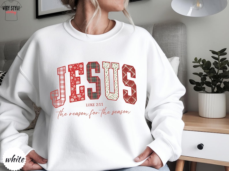 Jesus The Reason For The Season Sweatshirt | Luke 2:11 Christian Christmas Crewneck | Plaid Faith Holiday Sweater