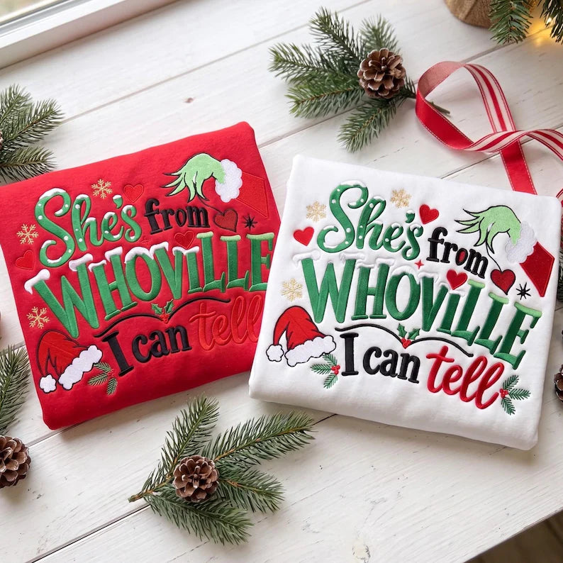 From Whoville I Can Tell 💚 Grinch Embroidered Christmas Sweatshirt Hoodie Tee