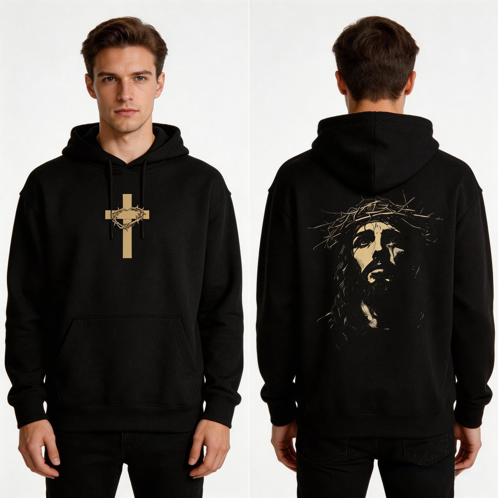 Vintage Jesus Thorn Crown Hoodie, Christian Cross Graphic Hooded Sweatshirt, Religious Streetwear Pullover for Men Women