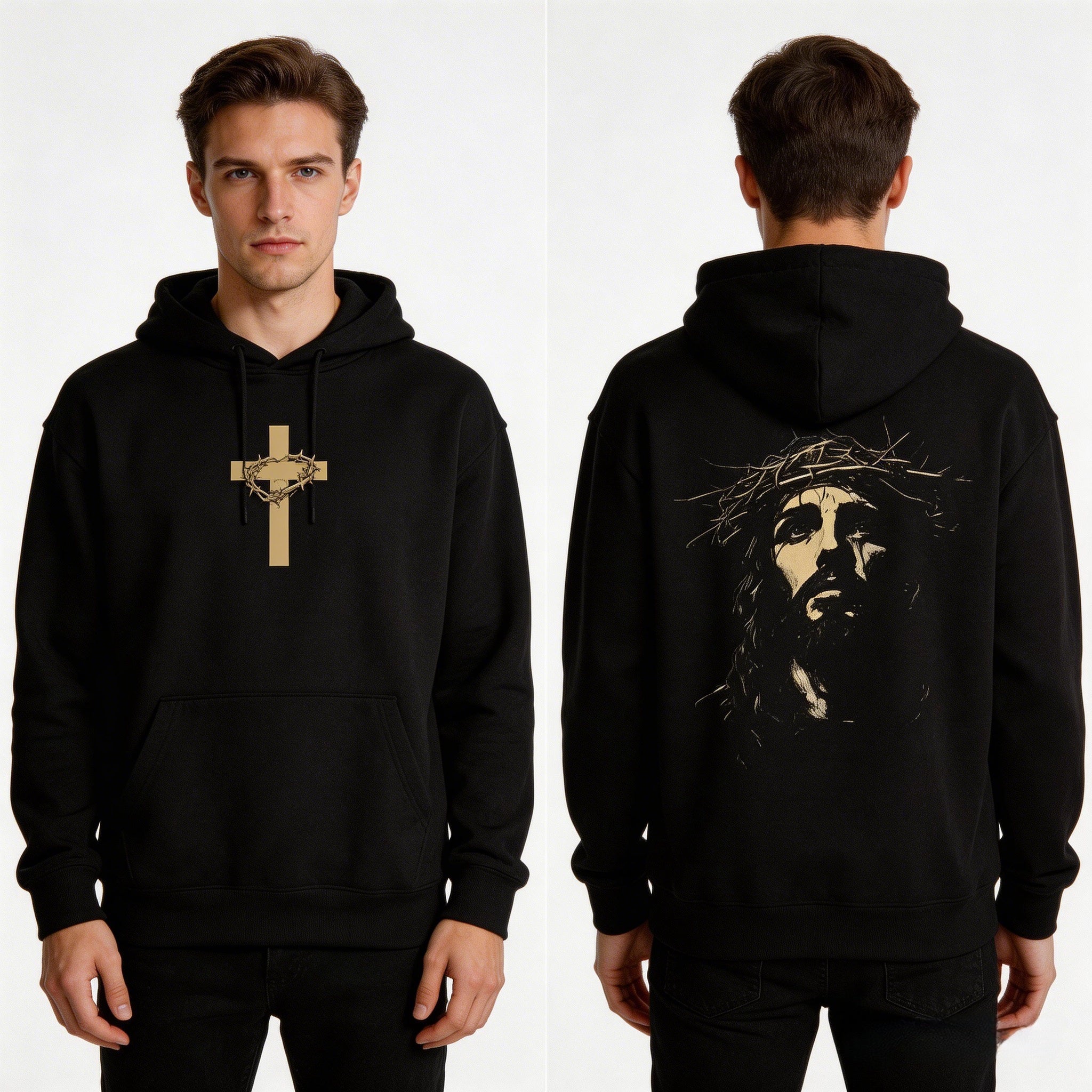 Vintage Jesus Thorn Crown Hoodie, Christian Cross Graphic Hooded Sweatshirt, Religious Streetwear Pullover for Men Women
