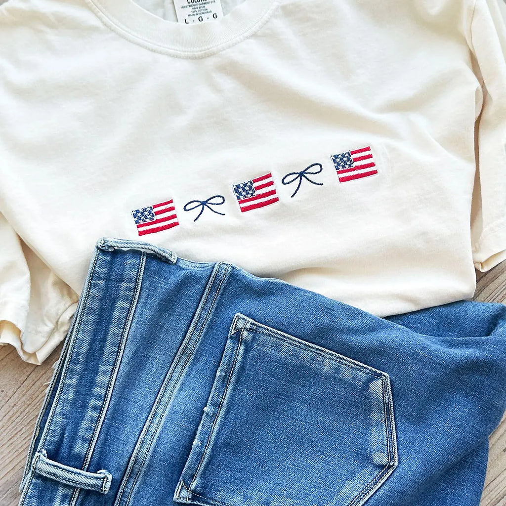 Embroidered American Flag & Bow Sweatshirt or T-Shirt – 4th of July Patriotic Apparel
