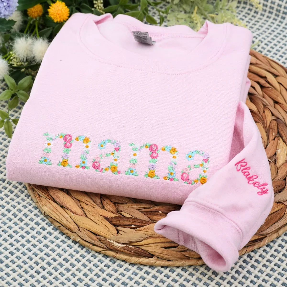 Mama Floral Hoodie or Sweatshirt with Custom Embroidered Kids Name On Sleeve